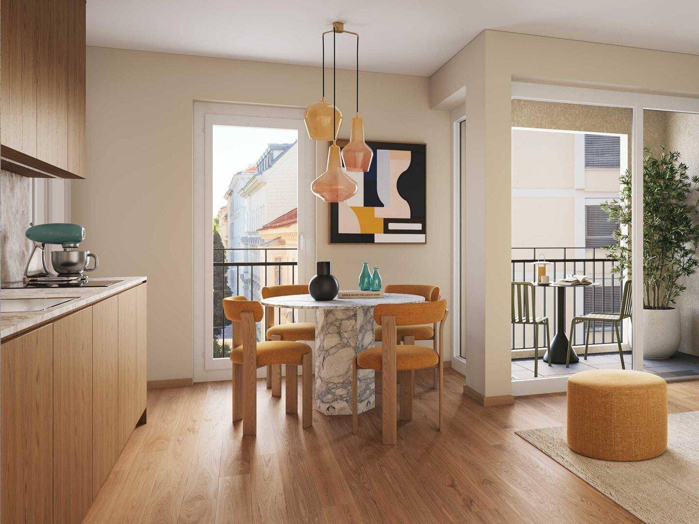 Moderne Wohnküche mit Holzelementen, Essbereich und direktem Zugang zum Balkon.