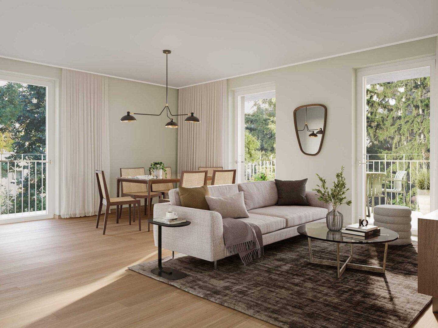 Helles Wohn-Esszimmer mit Holzboden, modernen Möbeln und Zugang zu französischen Balkonen.