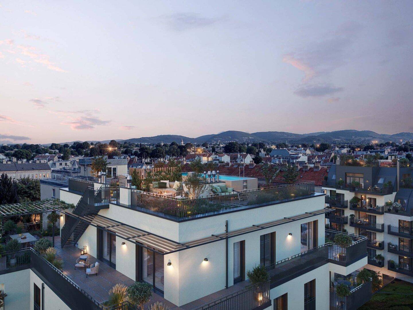 Dachterrassen mit Pool und Sitzbereichen bieten einen weiten Blick über die Stadt.