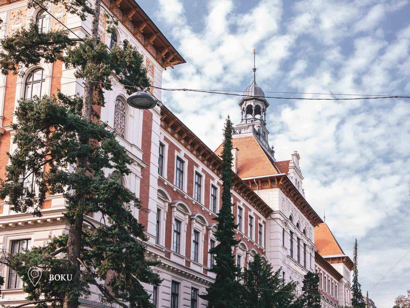 Historisches Universitätsgebäude mit markanter Architektur und hohen Bäumen.
