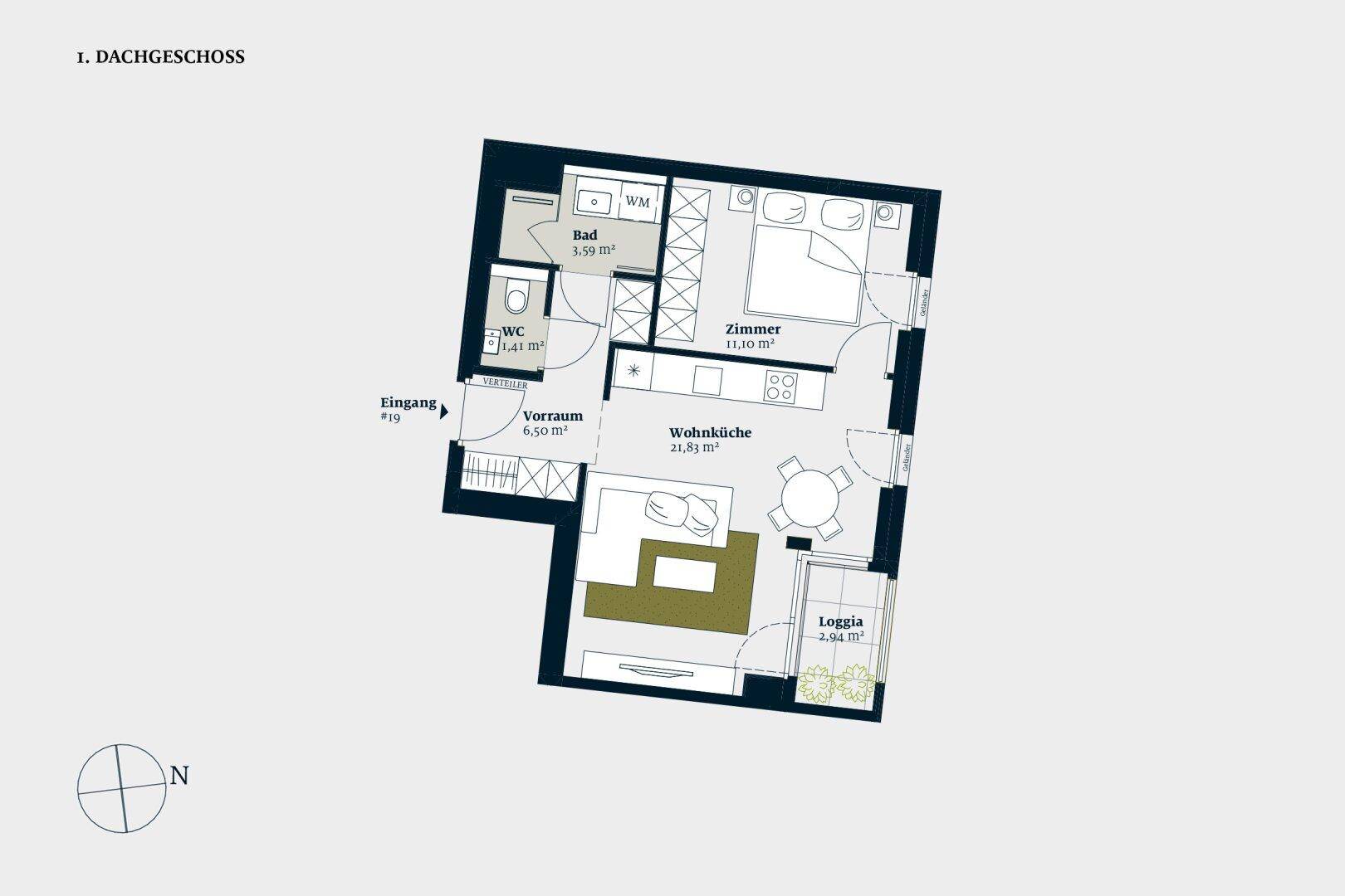 Dieser Grundriss zeigt ein Dachgeschoss-Apartment mit offenem Wohnbereich, Schlafzimmer, Bad und Loggia.