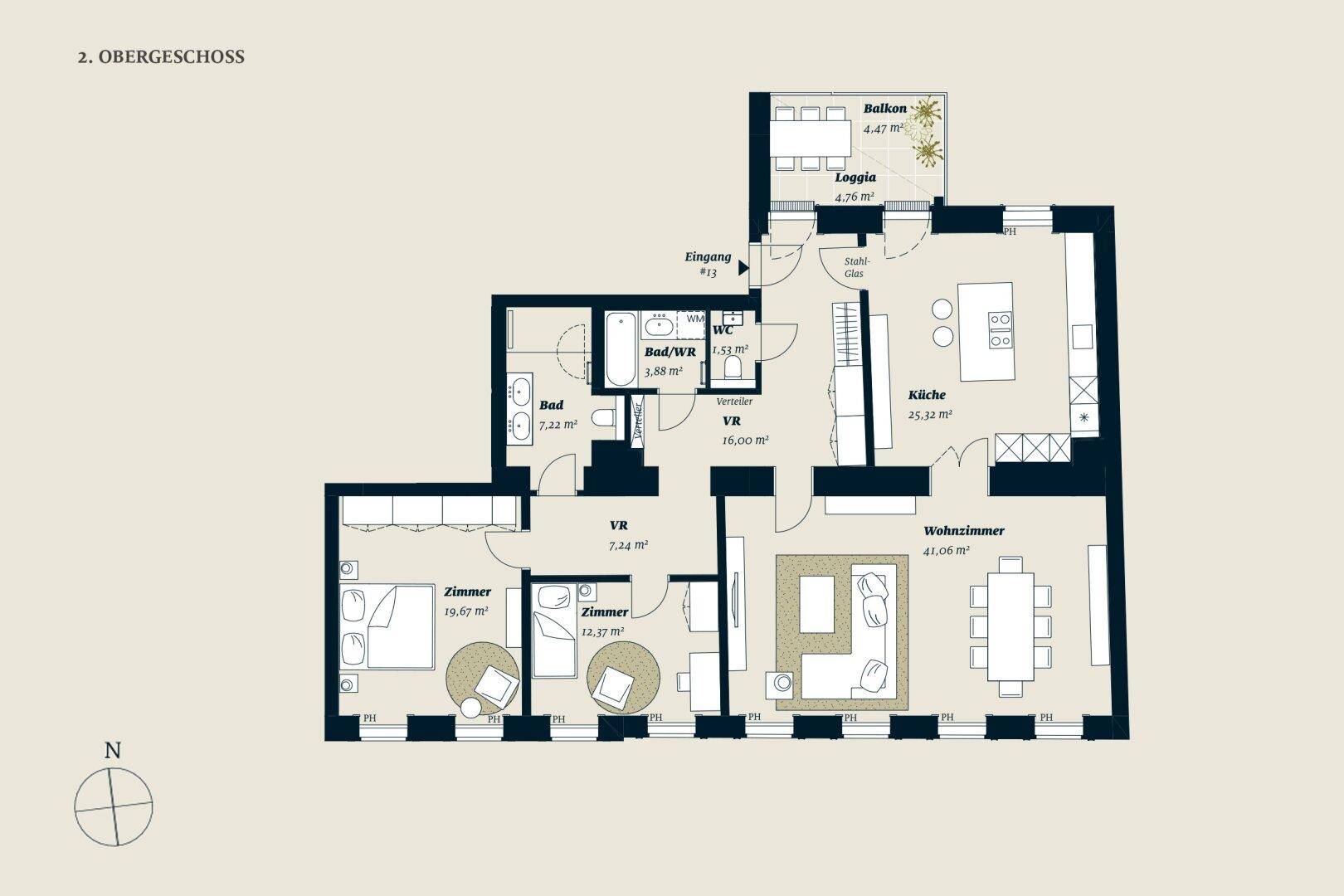 Grundriss des 2. Obergeschosses mit drei Zimmern, zwei Bädern, offener Küche, Balkon und Loggia.