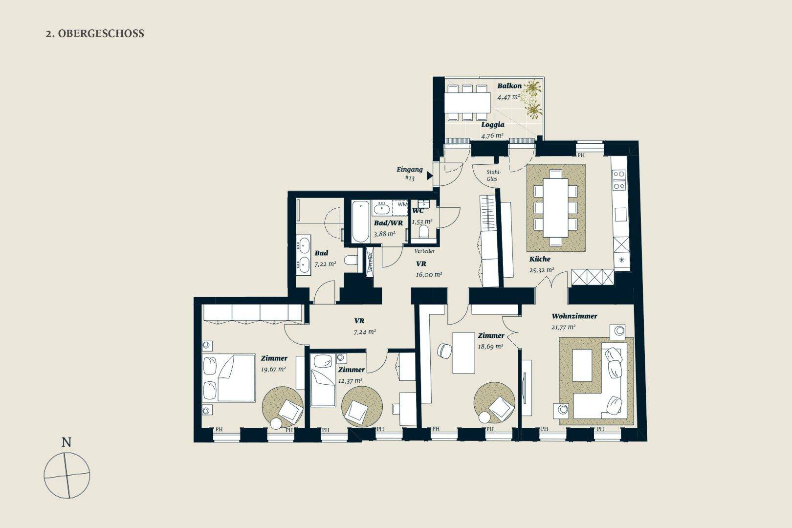 Detaillierter Grundriss des 2. Obergeschosses mit drei Zimmern, offener Küche und zwei Bädern sowie Balkon und Loggia.
