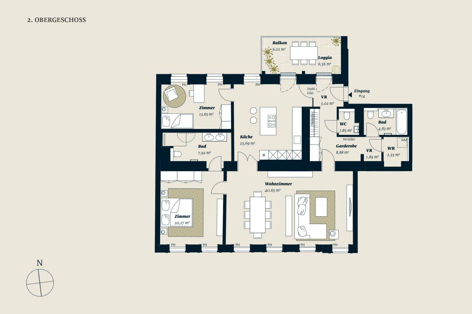 Detaillierter Grundriss des zweiten Obergeschosses mit großzügigem Wohnbereich, Küche mit Kochinsel, zwei Bädern und Loggia.
