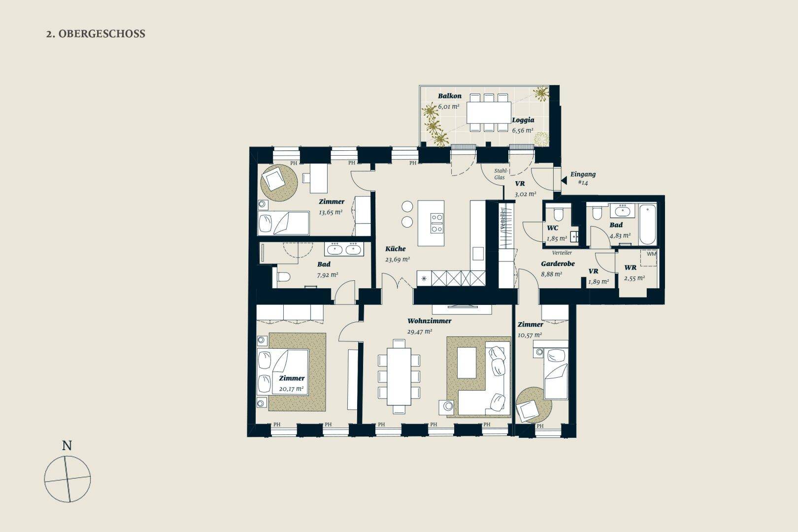 Grundriss des 2. Obergeschosses mit offenem Wohnbereich, Küche, drei Zimmern, zwei Bädern, Gäste-WC, Balkon und Loggia.