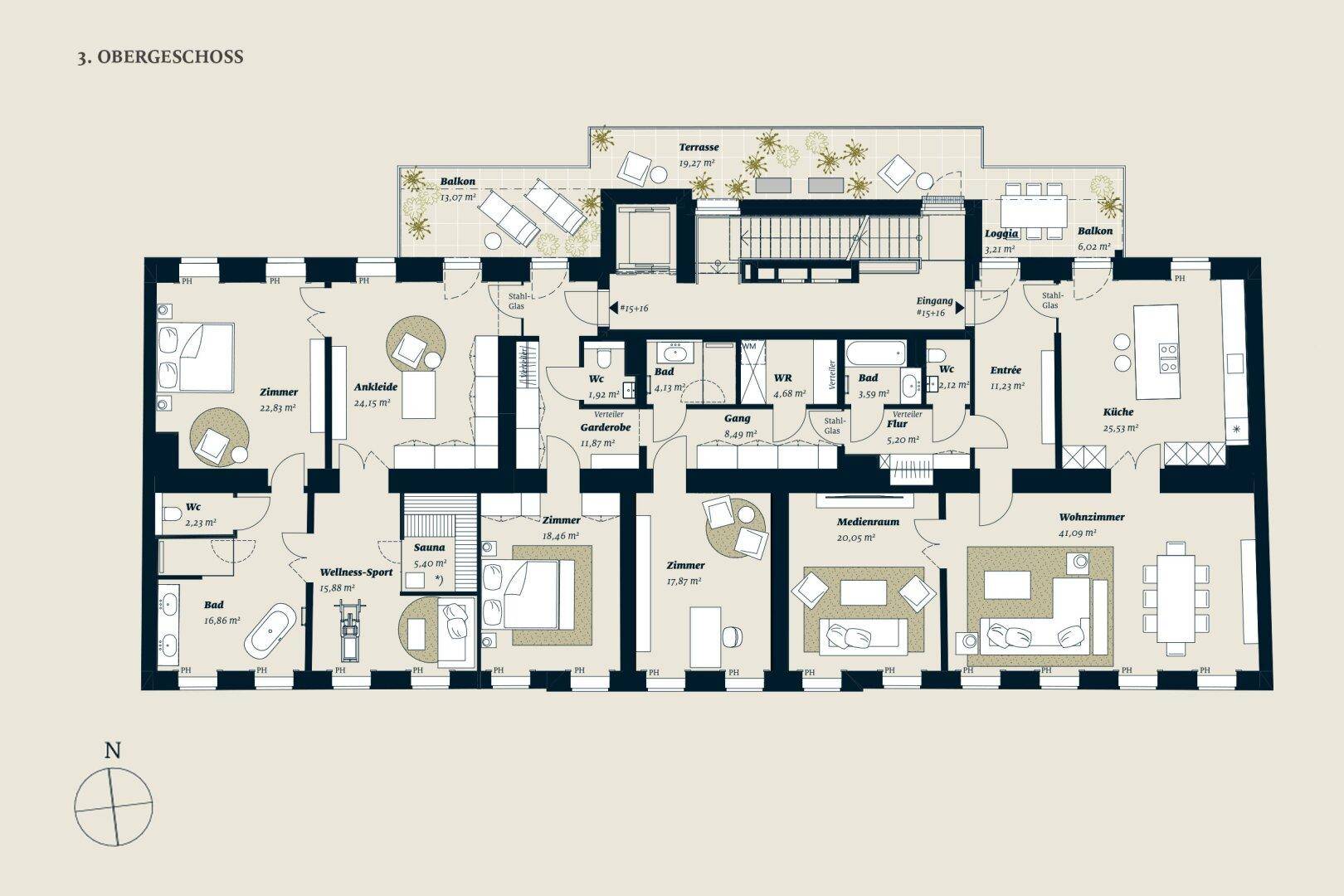 Großzügiger Grundriss im Obergeschoss mit offener Küche, mehreren Bädern, Sauna und großer Terrasse.