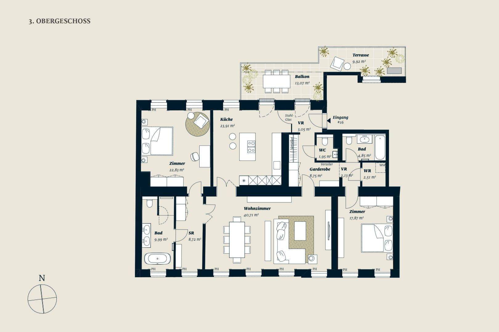 Grundriss des 3. Obergeschosses mit offenem Wohnbereich, zwei Bädern, separatem WC, Balkon und Terrasse.