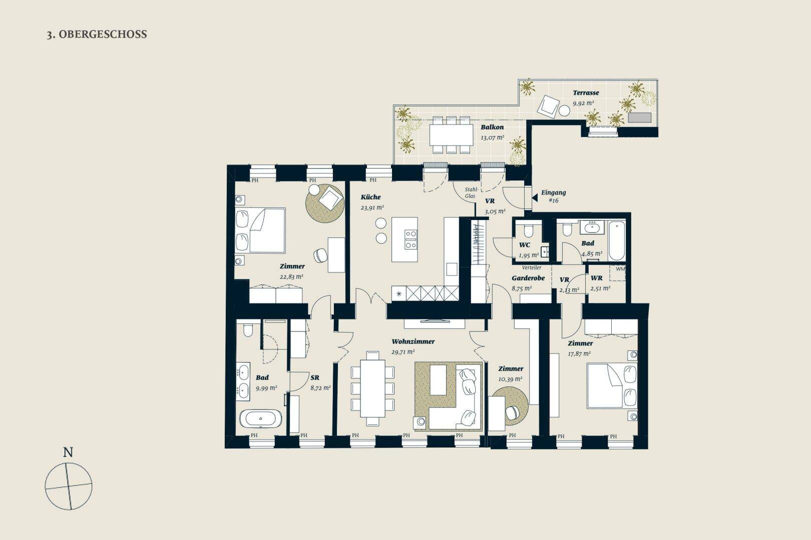 Grundriss des 3. Obergeschosses mit offener Küche, großem Wohnzimmer, zwei Bädern, separatem WC, Balkon und Terrasse.