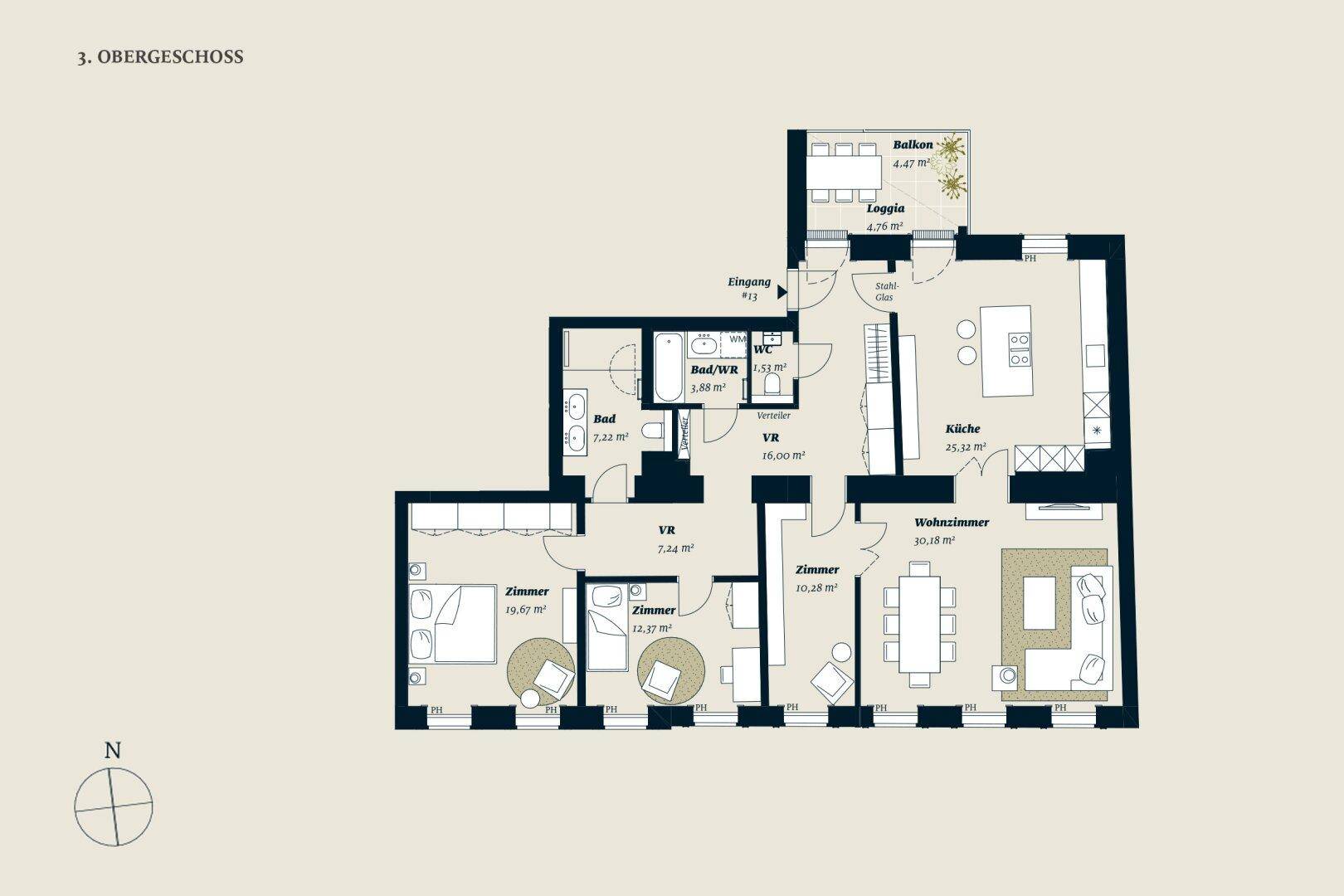 Detaillierter Grundriss des dritten Obergeschosses mit Wohnzimmer, Küche, Schlafzimmern, Bad und Zugang zu Balkon und Loggia.