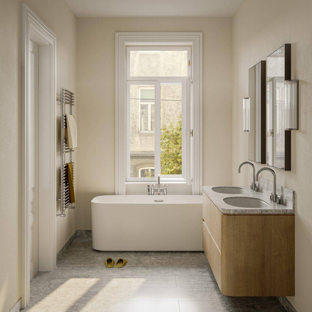 Modernes Badezimmer mit freistehender Badewanne, Doppelwaschbecken und Fenster.