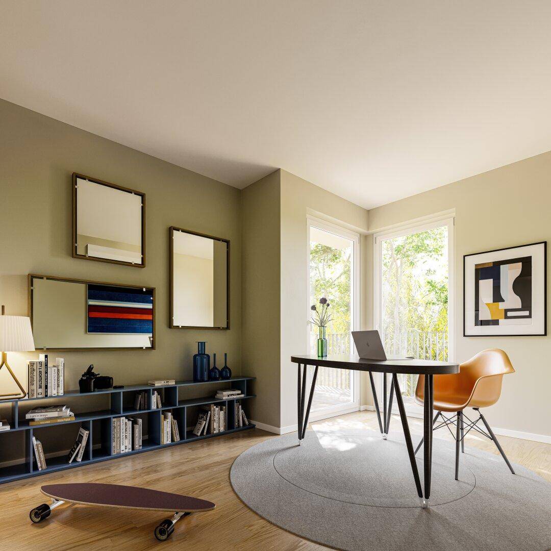 Helles Arbeitszimmer mit Parkettboden, großen Fenstern und modernem Mobiliar.