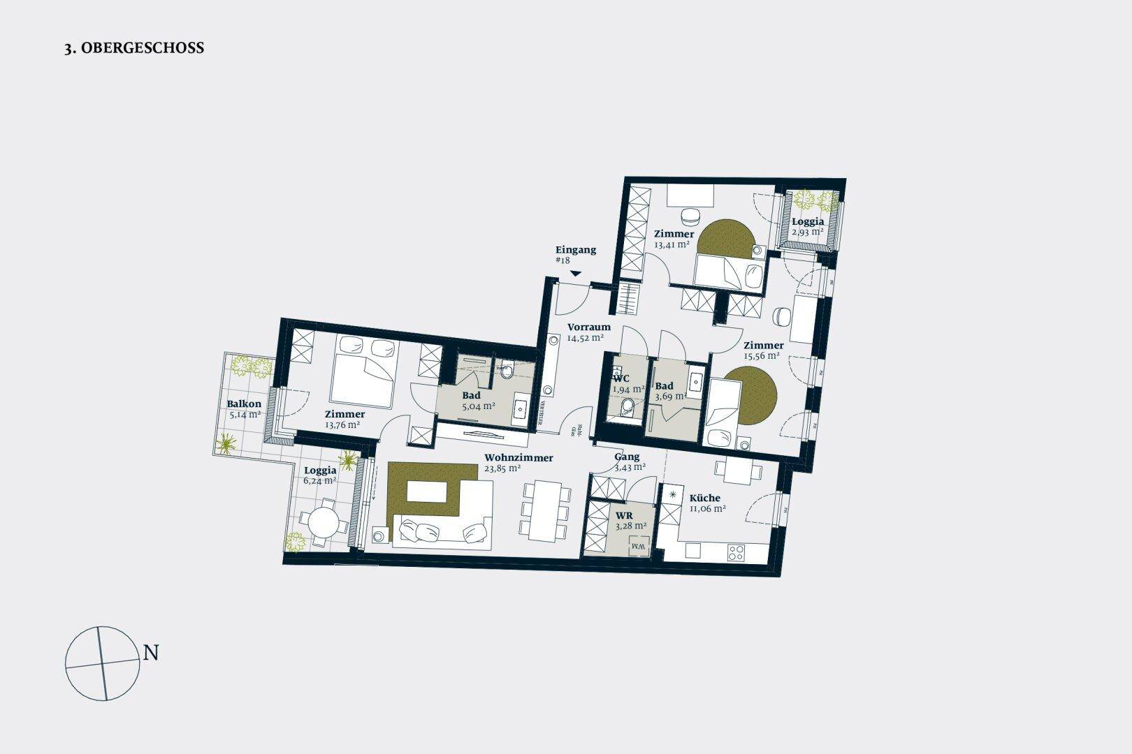 Grundriss des 3. Obergeschosses mit drei Zimmern, zwei Bädern, separatem WC, Balkon und zwei Loggien.