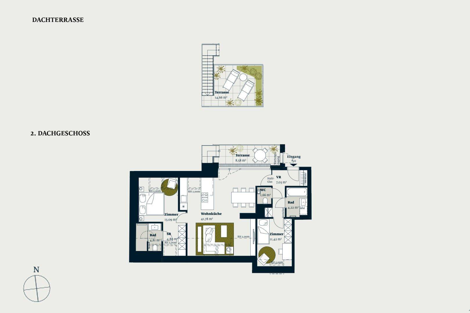 Grundriss des 2. Dachgeschosses mit offener Wohnküche, zwei Schlafzimmern, zwei Bädern und Zugang zu zwei Terrassen, inklusive Dachterrasse.