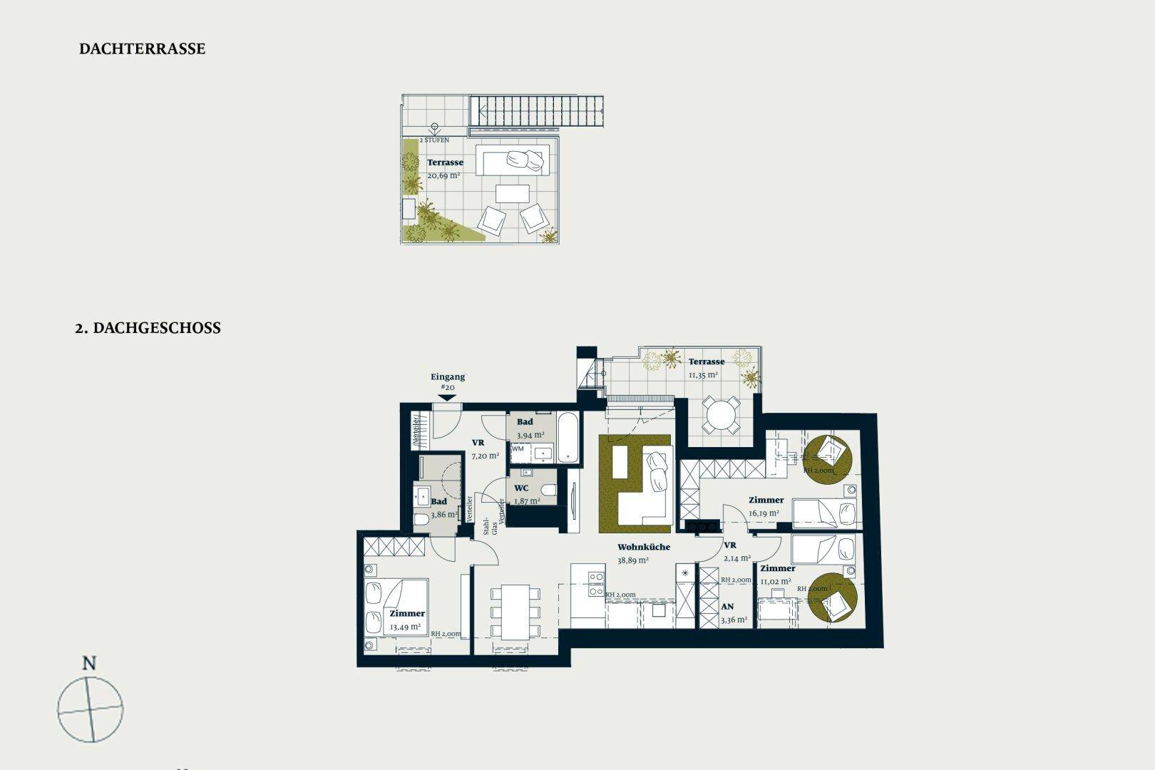 Grundriss des Dachgeschosses mit offener Wohnküche, mehreren Zimmern und zwei Terrassen, inklusive einer separaten Dachterrasse.