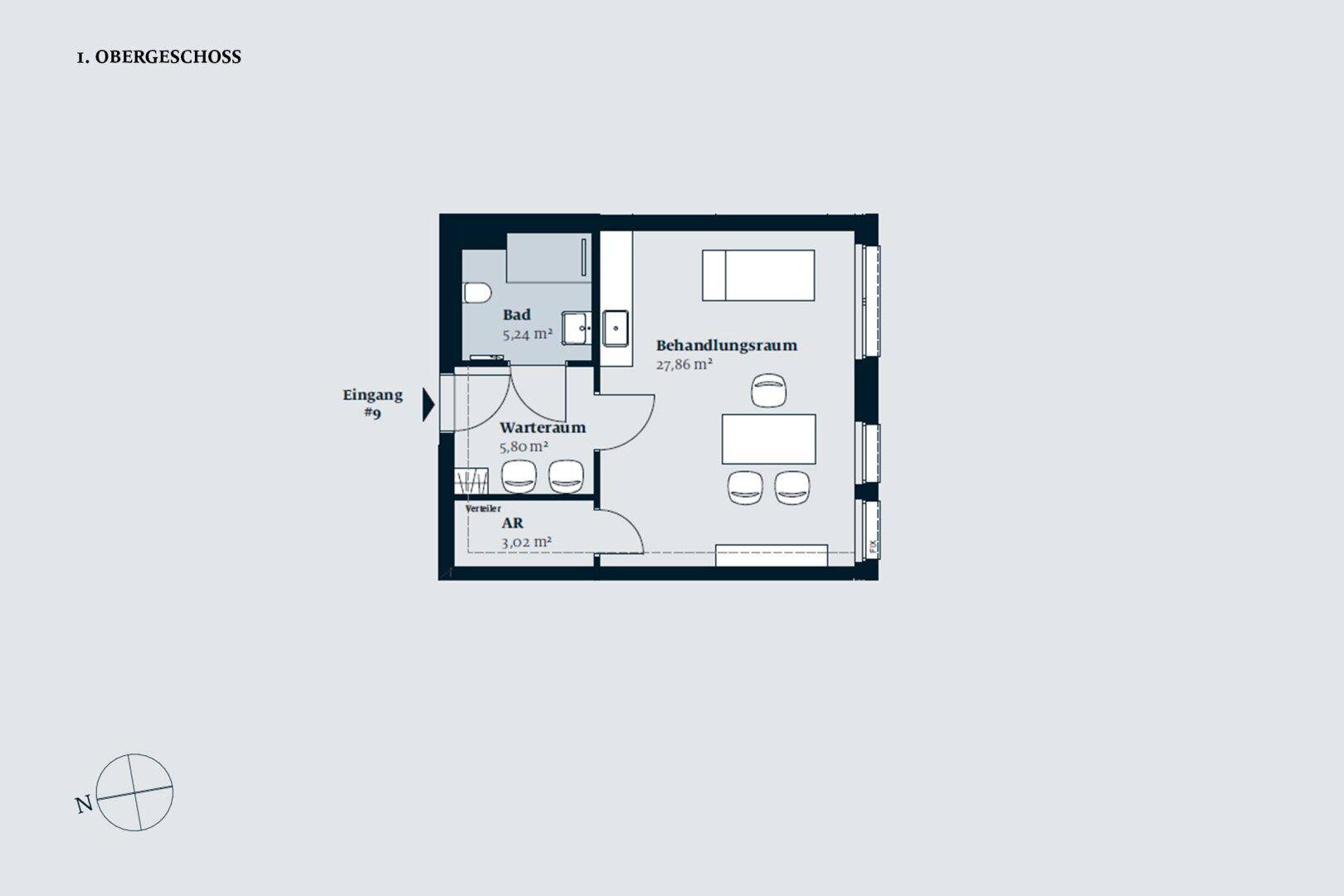 Grundriss des Obergeschosses mit Eingangsbereich, Wartezimmer, Behandlungsraum und Badezimmer, ideal für eine Praxis oder Büro.