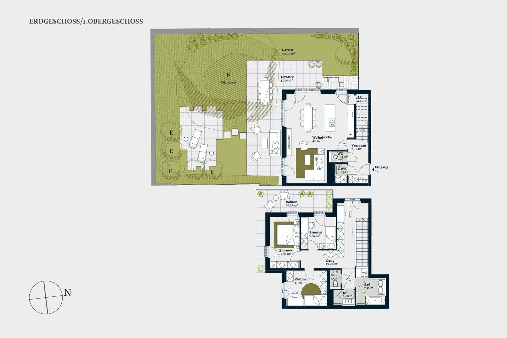Grundriss des Erdgeschosses und ersten Obergeschosses mit offener Wohnküche, Terrasse, Garten und Balkon.