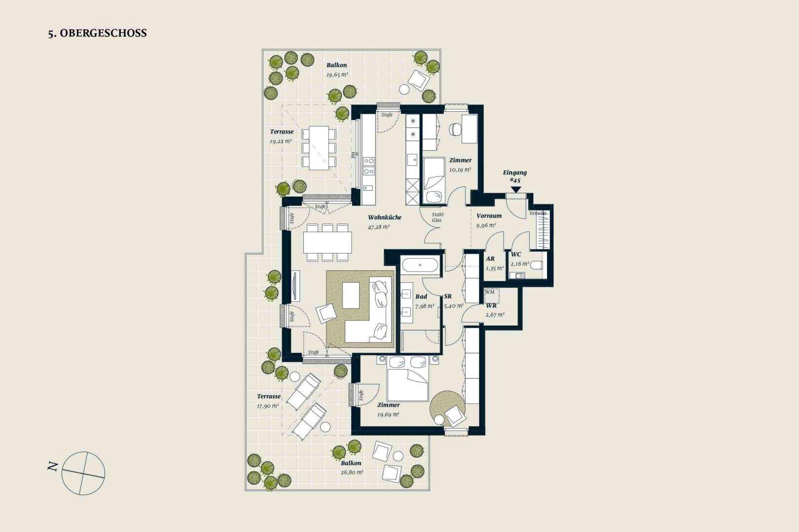 Grundriss einer Wohnung im 5. Obergeschoss mit offener Wohnküche, mehreren Zimmern, Bad und separatem WC sowie Terrassen und Balkonen.