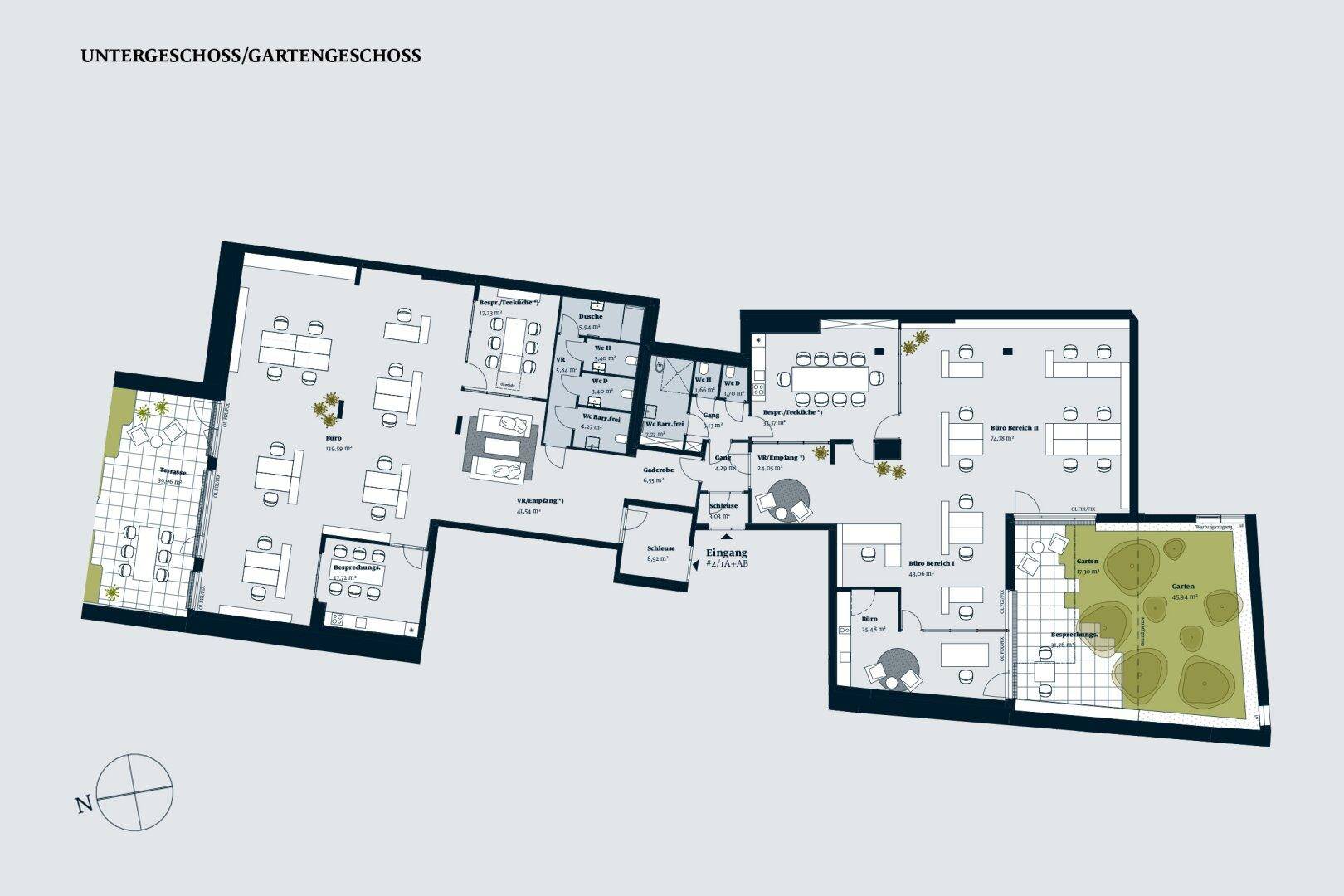 Grundriss des Untergeschosses/Gartengeschosses mit verschiedenen Büroräumen, Besprechungsbereichen, Empfang, Toiletten und Zugang zu Terrasse und Garten.