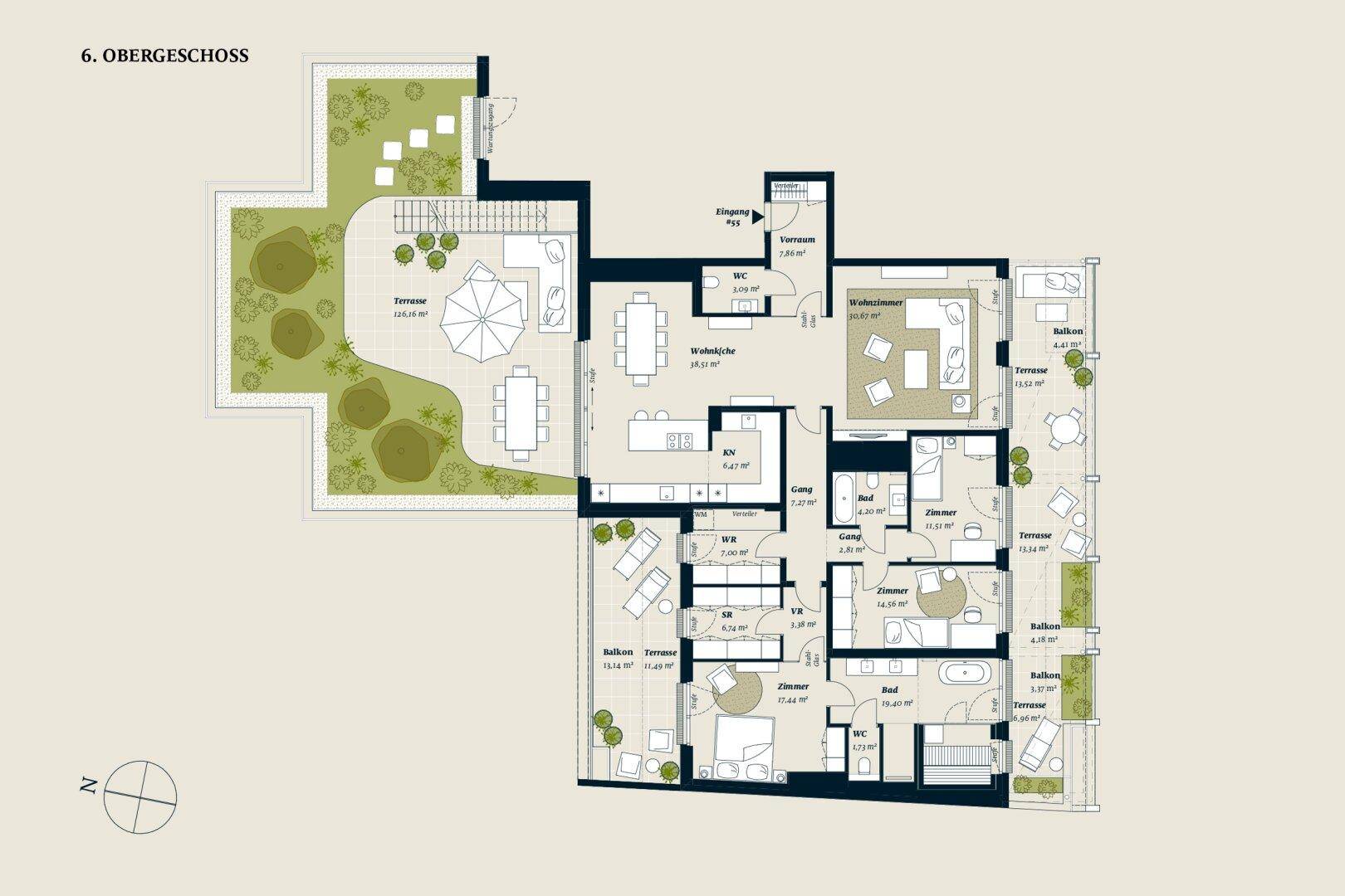 Grundriss des 6. Obergeschosses mit großzügigen Terrassen, offenem Wohnbereich und mehreren Schlafzimmern.