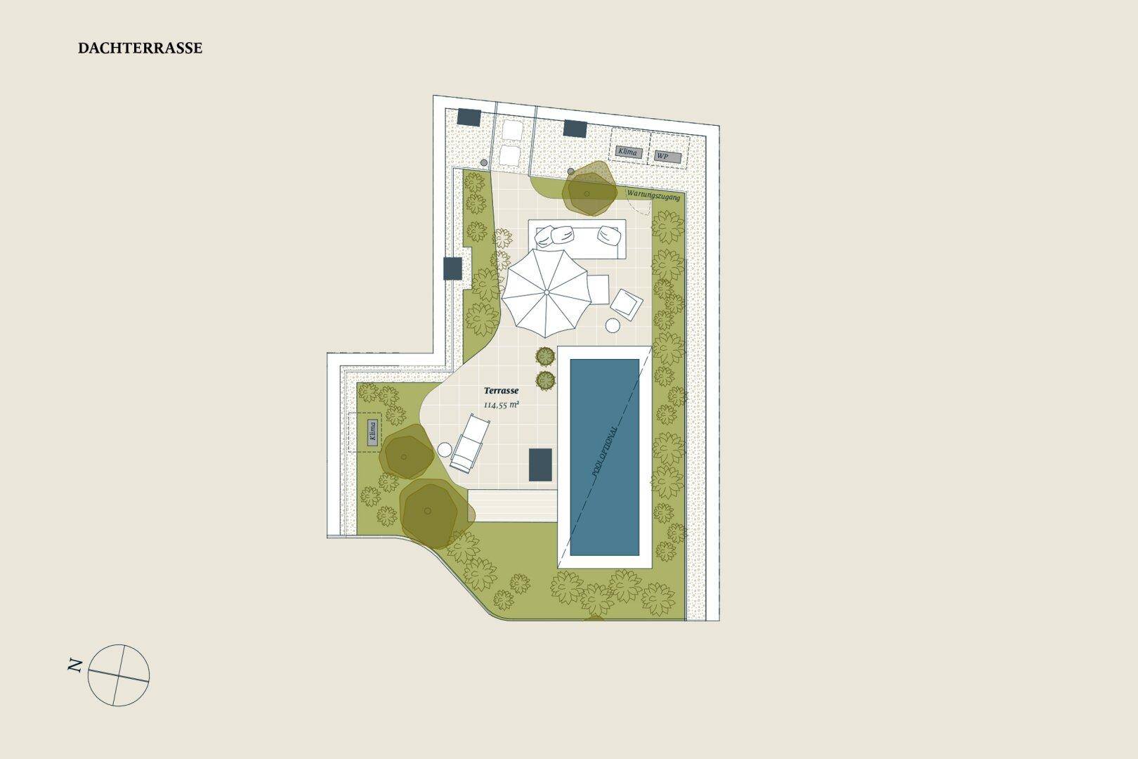 Grundriss der Dachterrasse mit großem Pool, Liegeflächen und Essbereich im Freien.