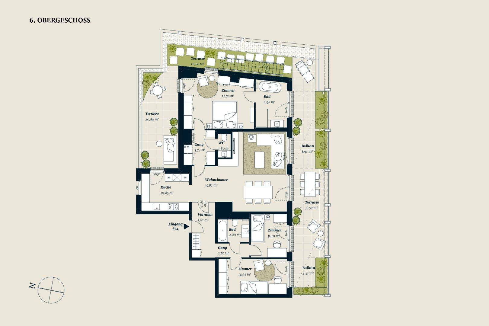 Grundriss des Obergeschosses mit mehreren Schlafzimmern, Bädern, Terrassen und Balkonen.