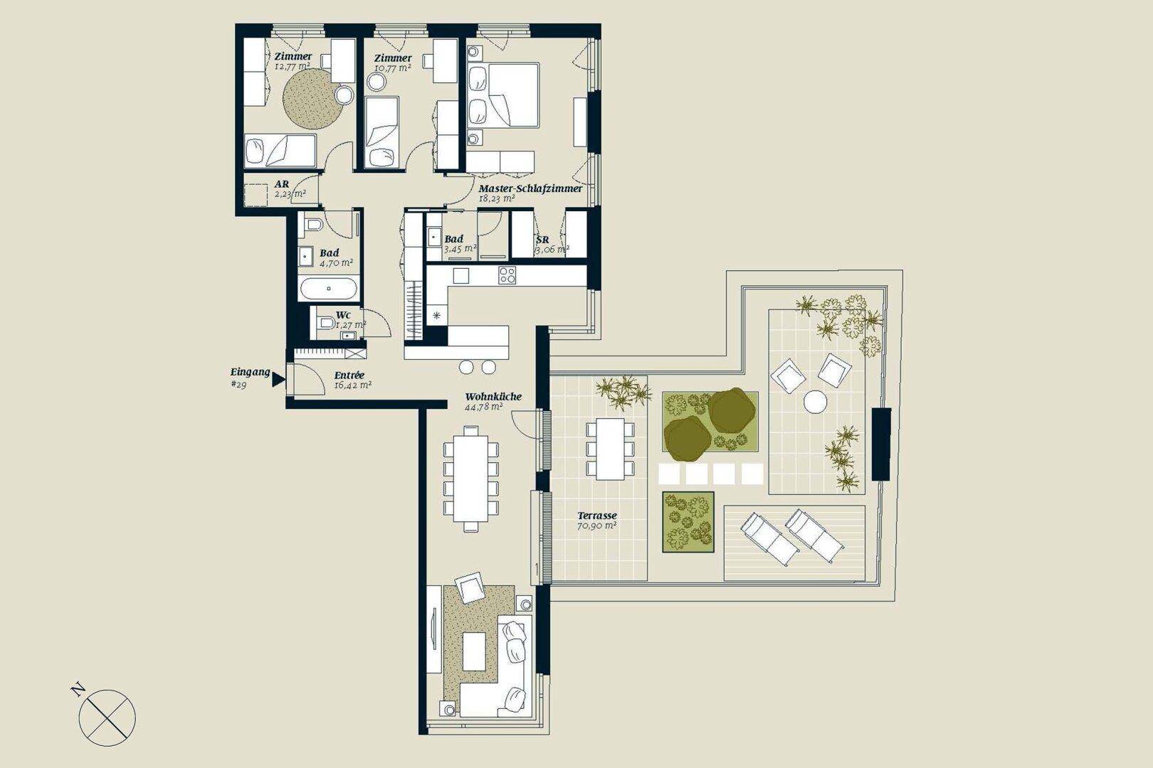Grundriss einer Wohnung mit drei Schlafzimmern, offenem Wohnbereich und großer Terrasse.
