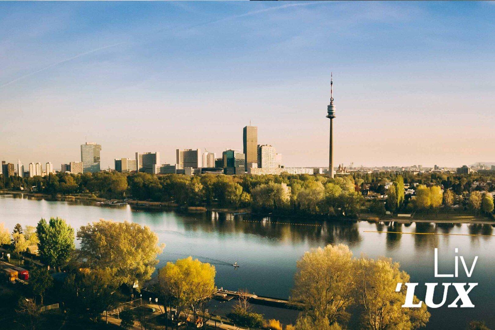Panoramablick auf die Stadt Wien mit der Donau und markanten Hochhäusern.