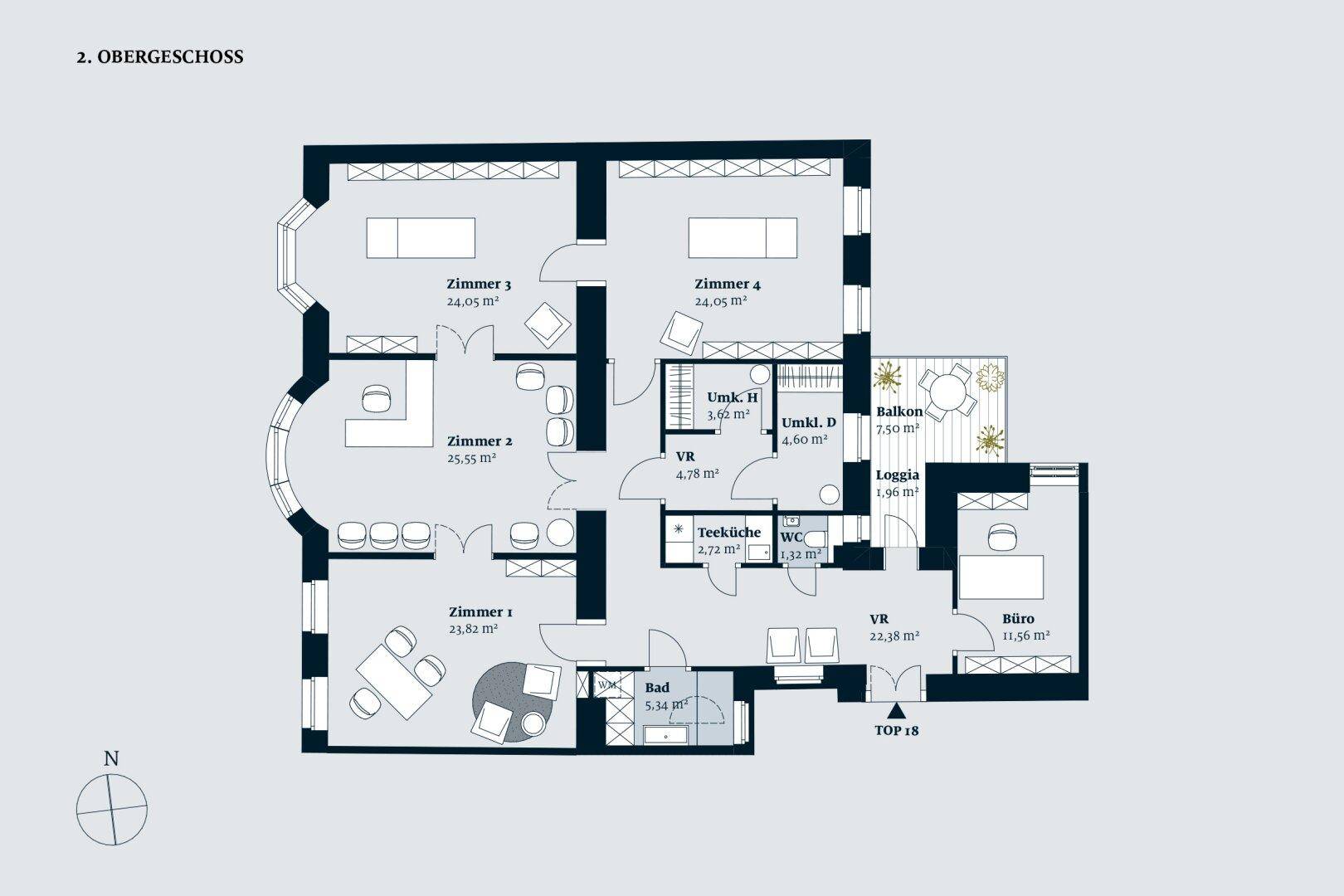Detaillierter Grundriss des 2. Obergeschosses mit mehreren Zimmern, Balkon und Loggia.