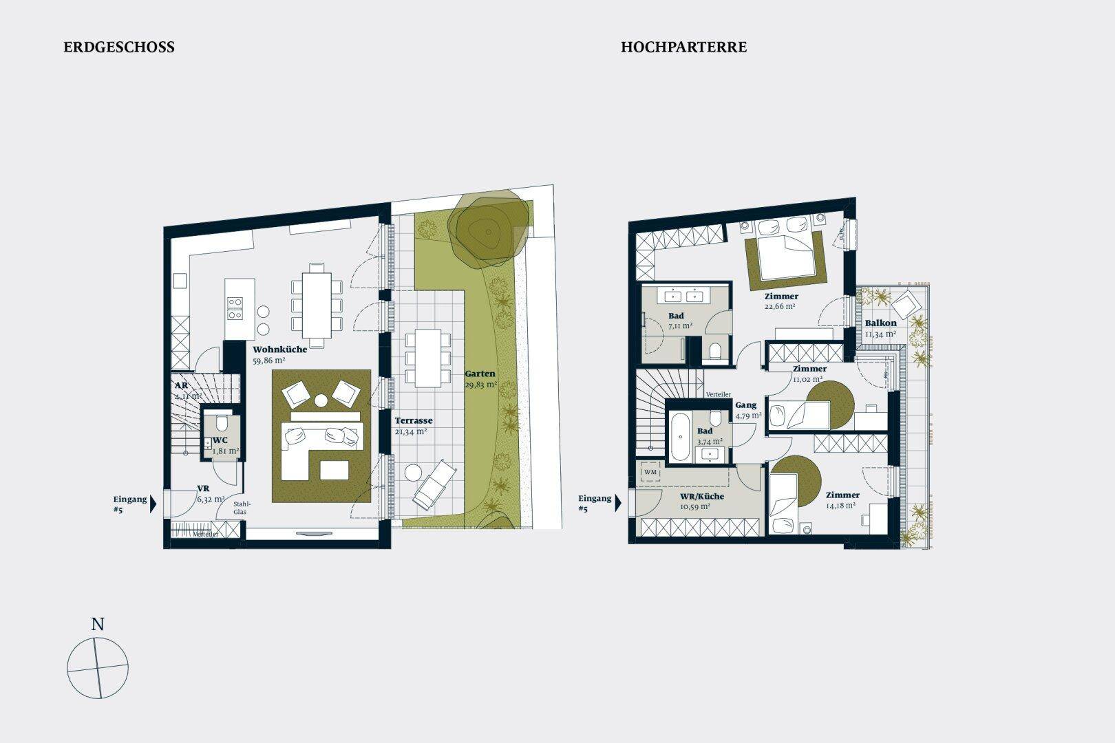 Grundrissplan zeigt zwei Ebenen mit offener Wohnküche, Terrasse, Garten, mehreren Zimmern und Balkon.