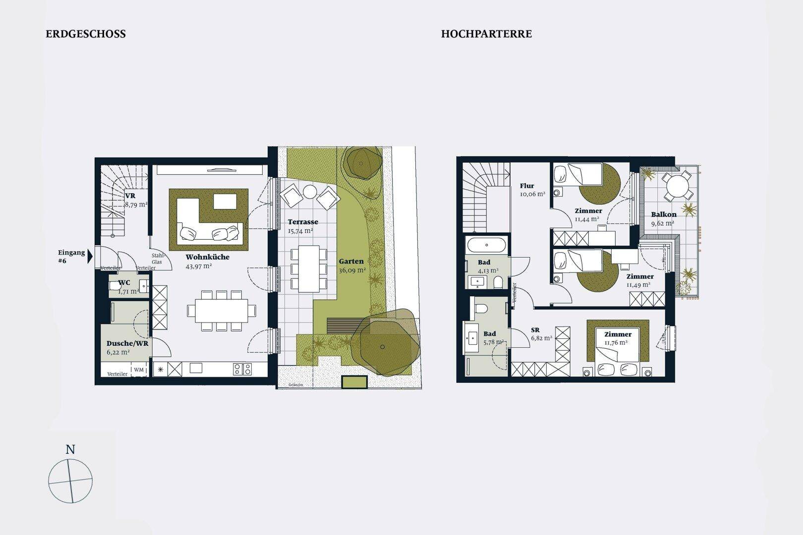Grundrisspläne zeigen ein Duplex-Apartment mit Erdgeschoss und Hochparterre, inklusive Garten, Terrasse und Balkon.