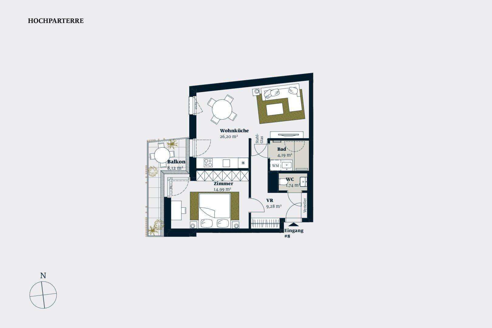 Grundriss einer Hochparterre-Wohnung mit offener Wohnküche, Schlafzimmer, Bad, separatem WC und Balkon.