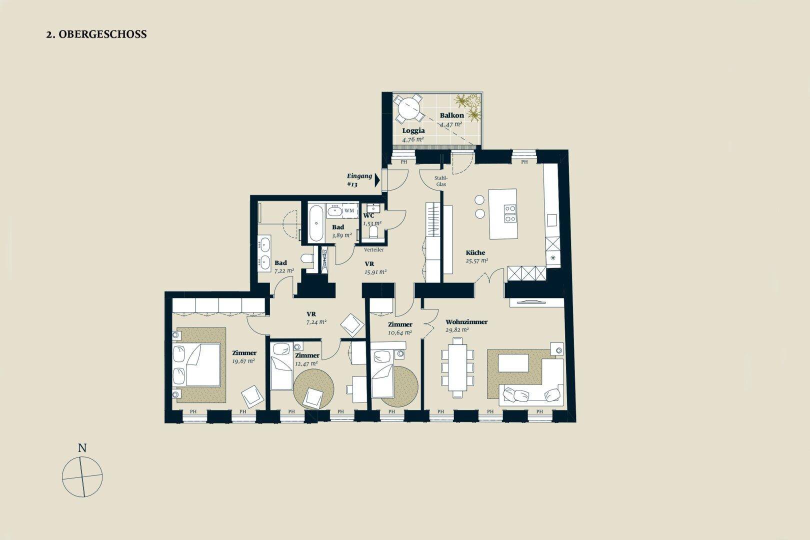 Detaillierter Grundriss des zweiten Obergeschosses mit drei Schlafzimmern, zwei Bädern, separatem WC, offener Küche und Loggia mit Balkon.
