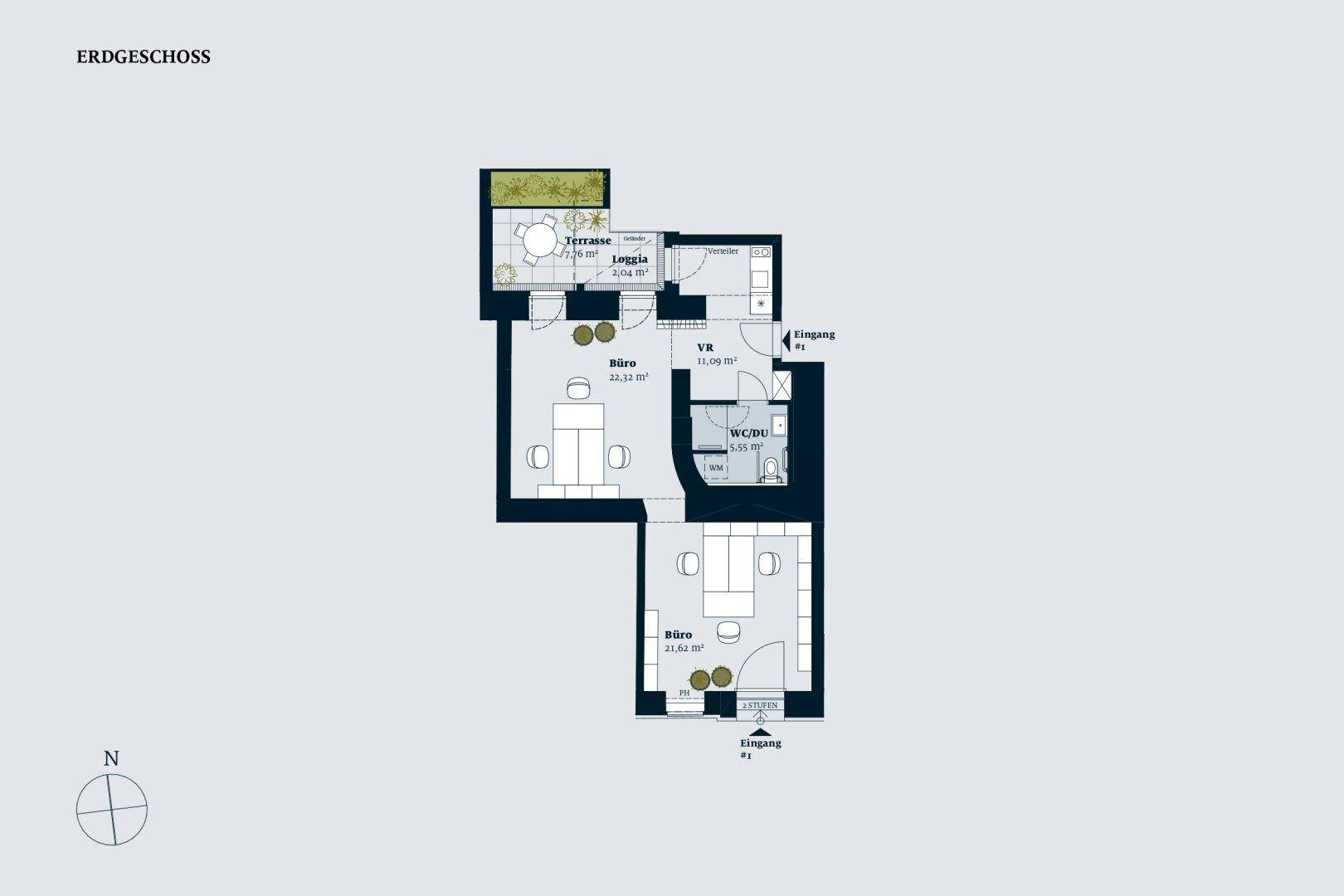 Grundriss des Erdgeschosses mit zwei Büroräumen, einer Terrasse und einer Loggia.