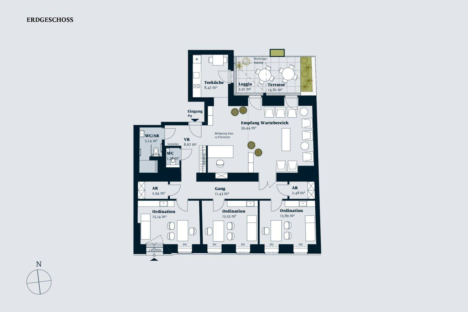 Grundriss des Erdgeschosses mit mehreren Büroräumen, Empfangsbereich, Teeküche, Loggia und Terrasse.