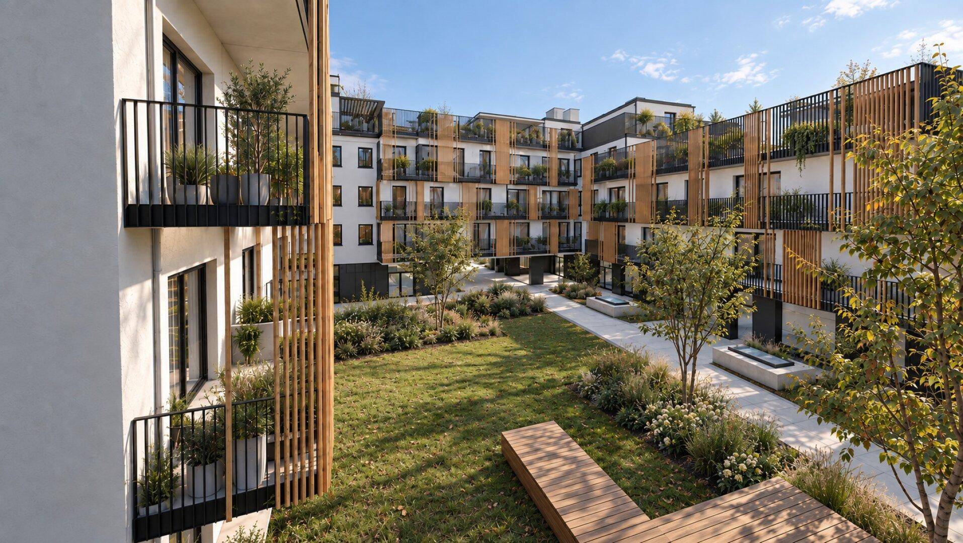 Moderner Apartmentkomplex mit ansprechend gestalteter Fassade, zahlreichen Balkonen und einem grünen Innenhof.