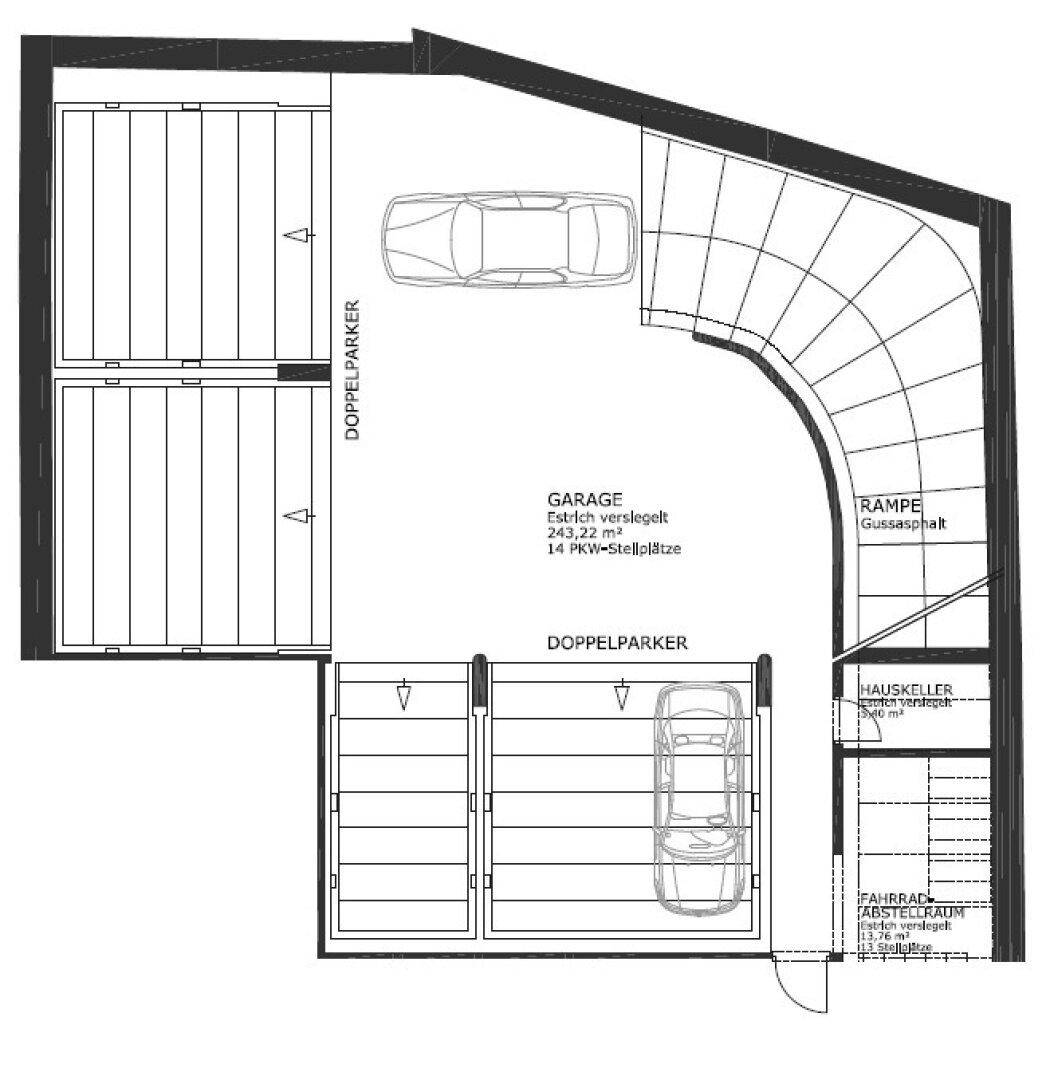 Grundriss einer Tiefgarage mit Doppelparkern, Zufahrtsrampe und Fahrradabstellraum.