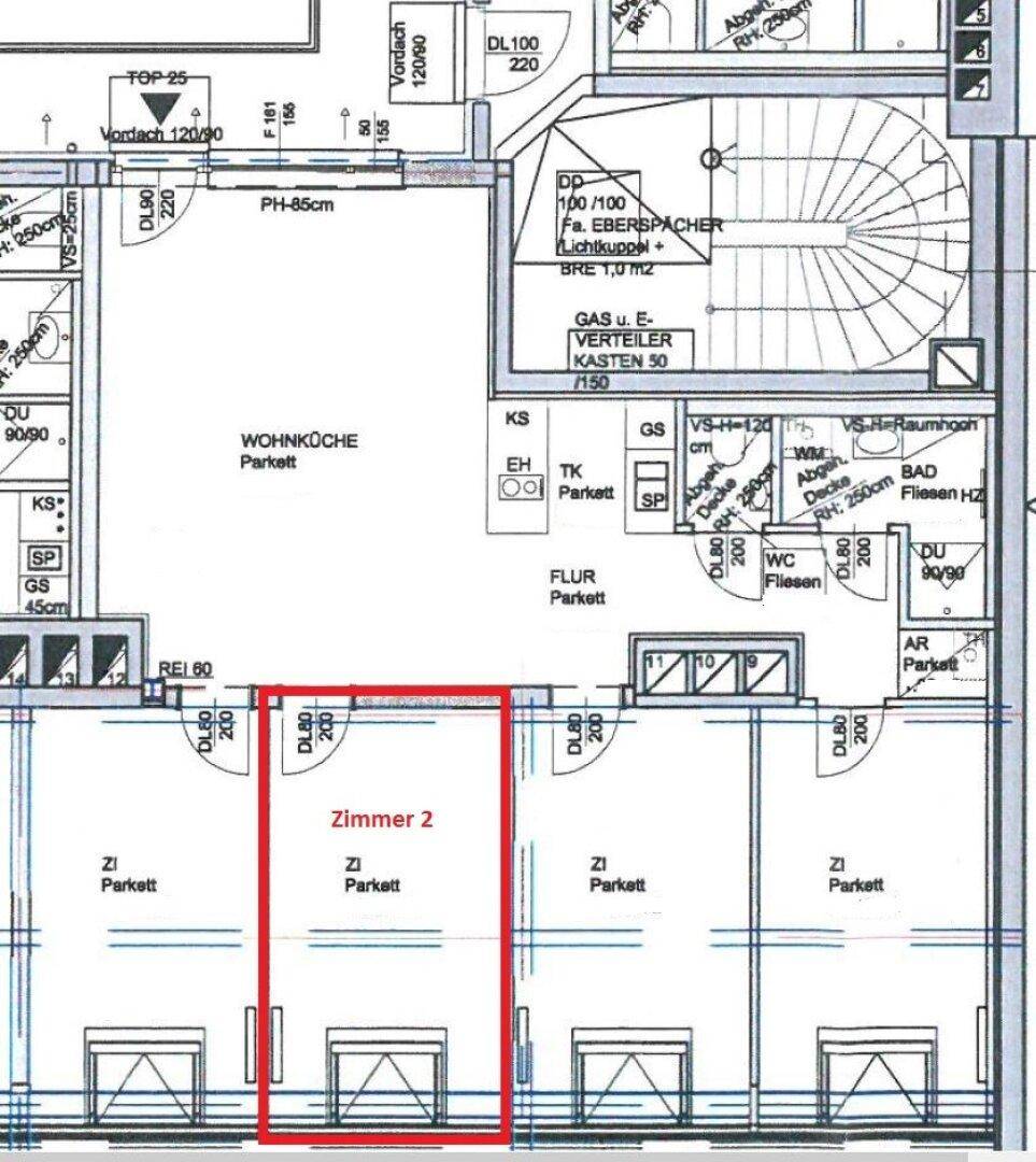 Detaillierter Grundriss einer Wohnung mit Wohnküche, Flur und Zimmern.