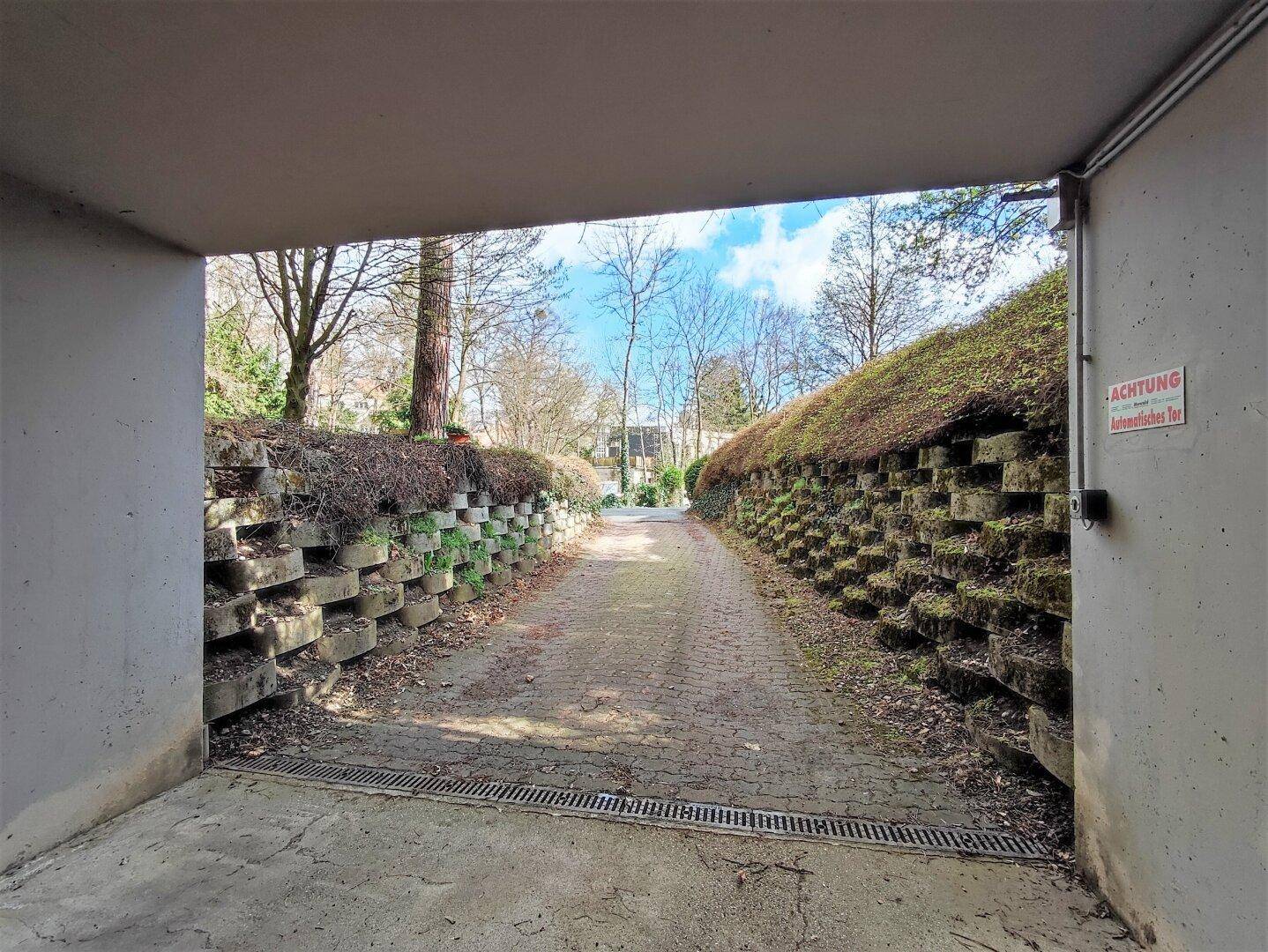 Ausfahrt einer Tiefgarage mit Blick auf die begrünte Auffahrt und Bäume.
