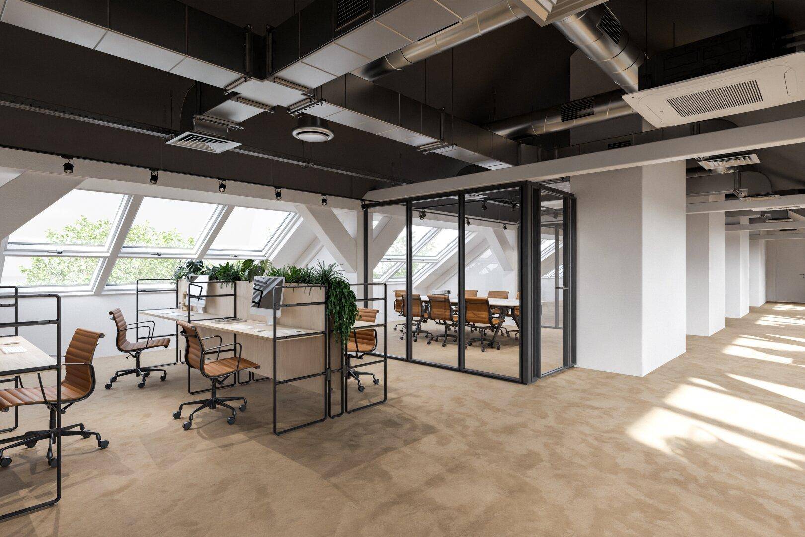 Geräumiges Open-Space-Büro mit mehreren Arbeitsbereichen und einem verglasten Besprechungsraum im Hintergrund.