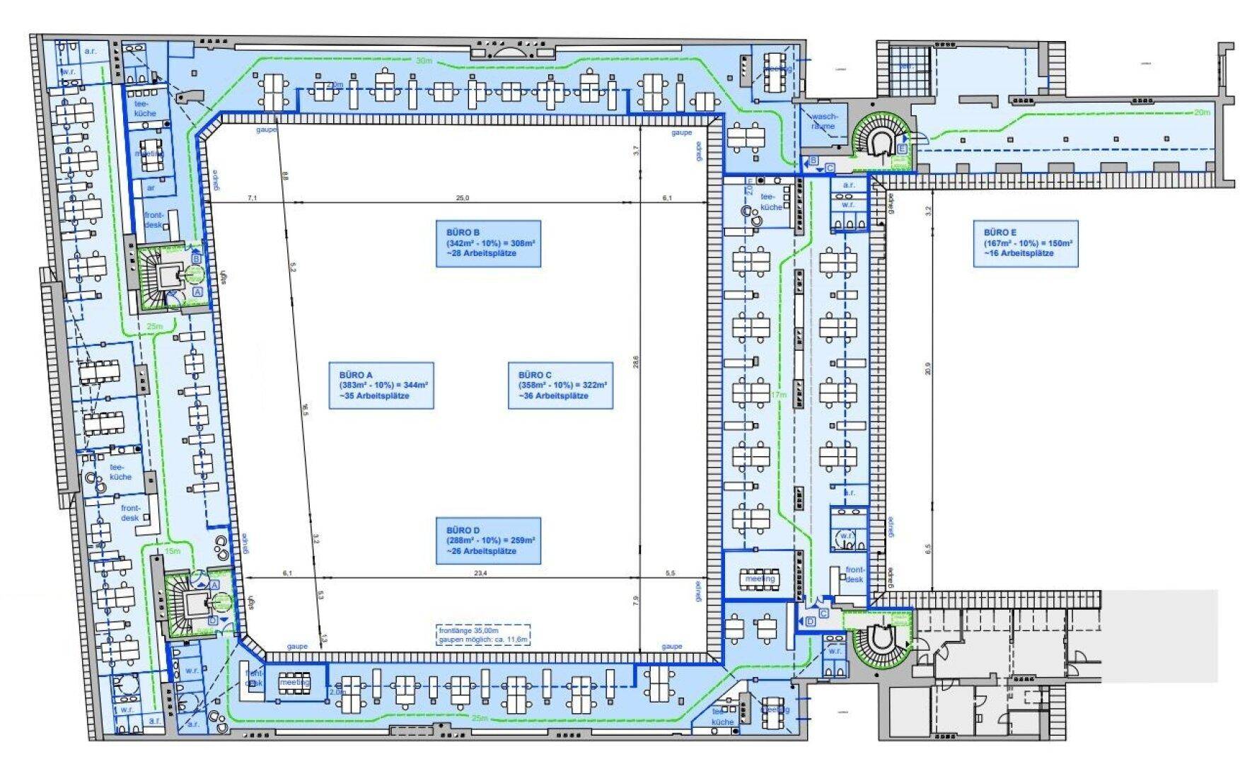 Detaillierter Grundriss eines großen Bürokomplexes mit mehreren Bürobereichen und Fluren auf einer Etage.