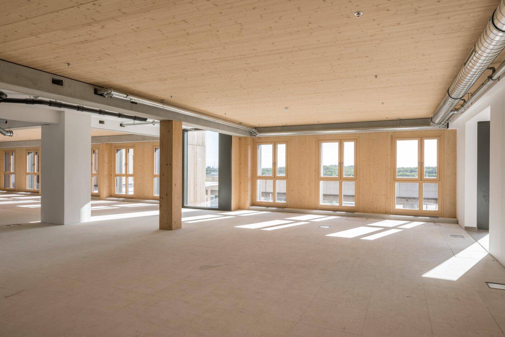 Geräumiger, unmöblierter Innenraum mit Holzwänden und -decke sowie großen Fenstern für viel Tageslicht.