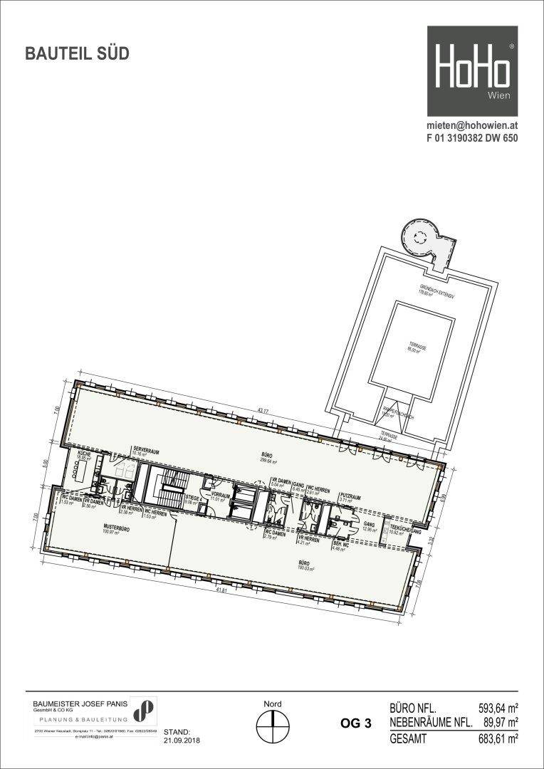 Detaillierter Grundriss des Bauteils Süd mit Büroflächen und Nebenräumen auf der dritten Etage, übersichtlich dargestellt.