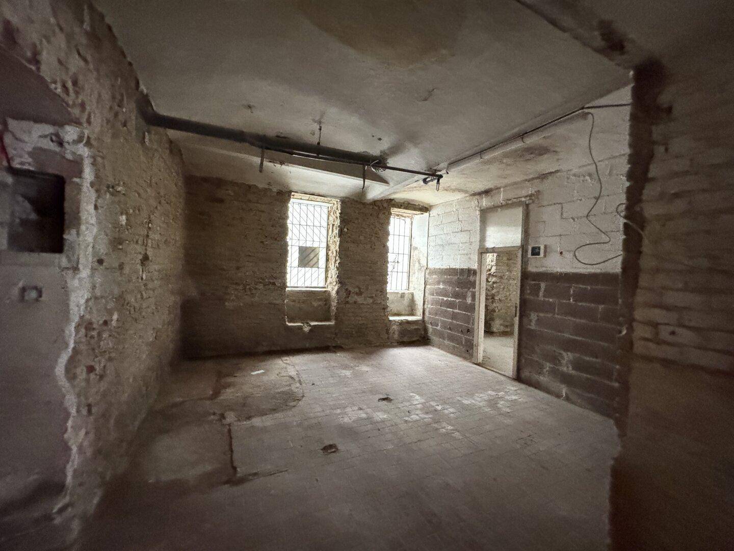 Geräumiger Kellerraum in einem Altbau mit unverputzten Ziegelwänden, zwei Fenstern und einem Durchgang.