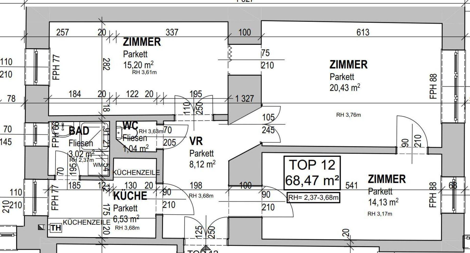 Grundriss der Wohnung TOP 12 mit Zimmern, Küche, Bad und WC.