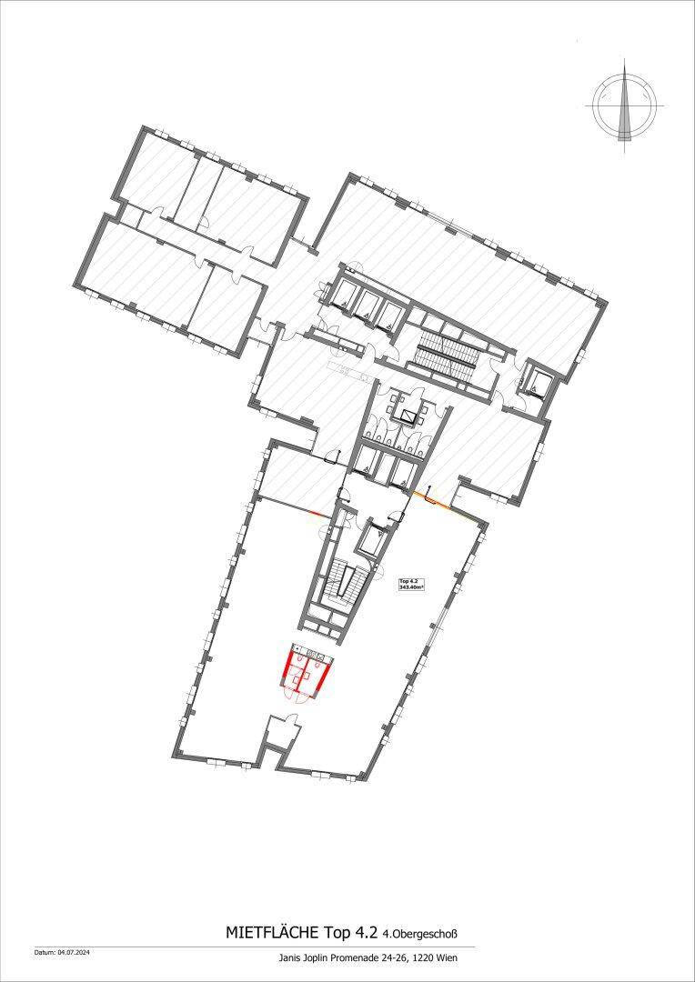 Grundrissplan einer Mietfläche im 4. Obergeschoss, der die Aufteilung mehrerer Büroräume und Gemeinschaftsbereiche zeigt.