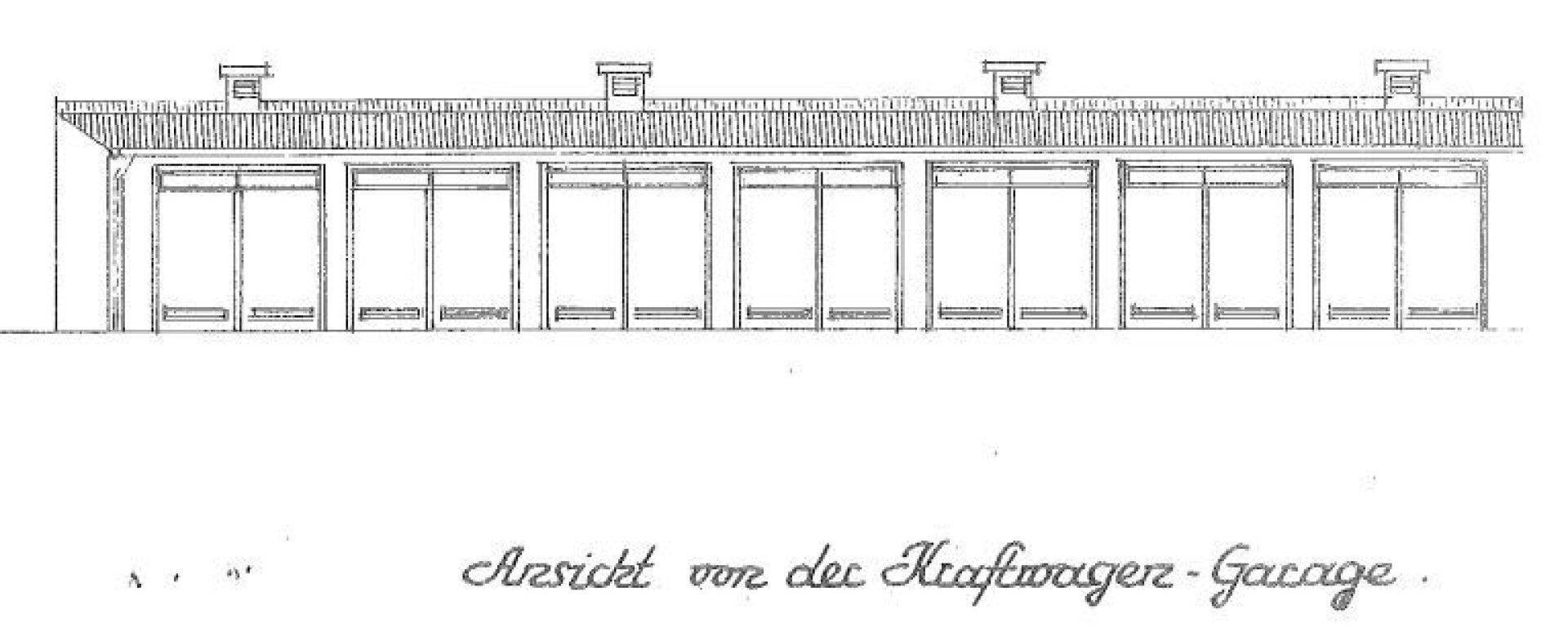 Architektonische Seitenansicht einer Garage mit mehreren Toren, die eine klare und funktionale Struktur zeigt.