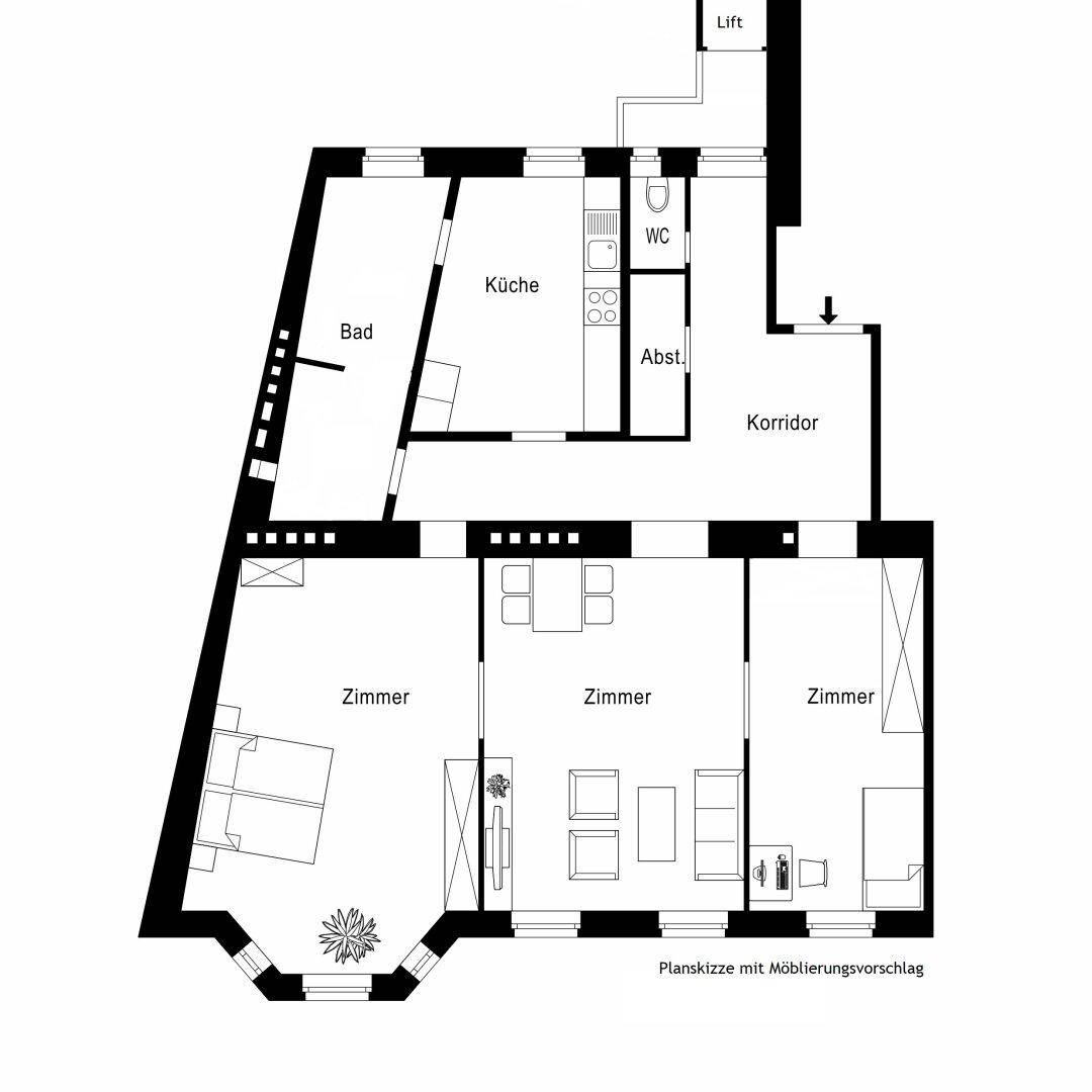 Grundriss mit drei Zimmern, separater Küche, Bad, WC und Abstellraum, inklusive Liftzugang.