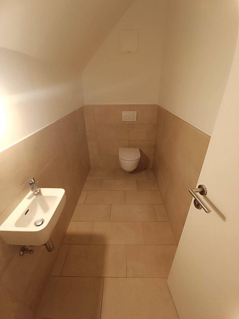 Separates WC mit Wand-WC, kleinem Waschbecken und modernen Fliesen.