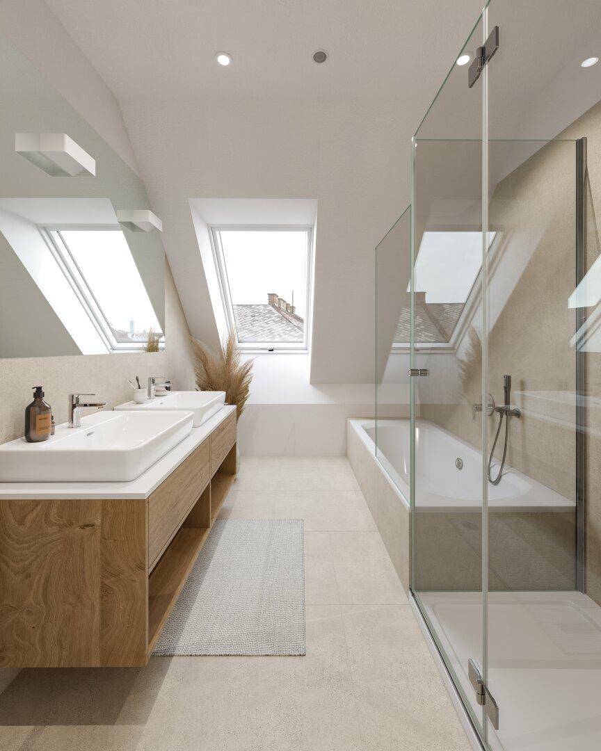 Helles, modernes Badezimmer mit Doppelwaschbecken, Badewanne und begehbarer Dusche unter Dachfenstern.