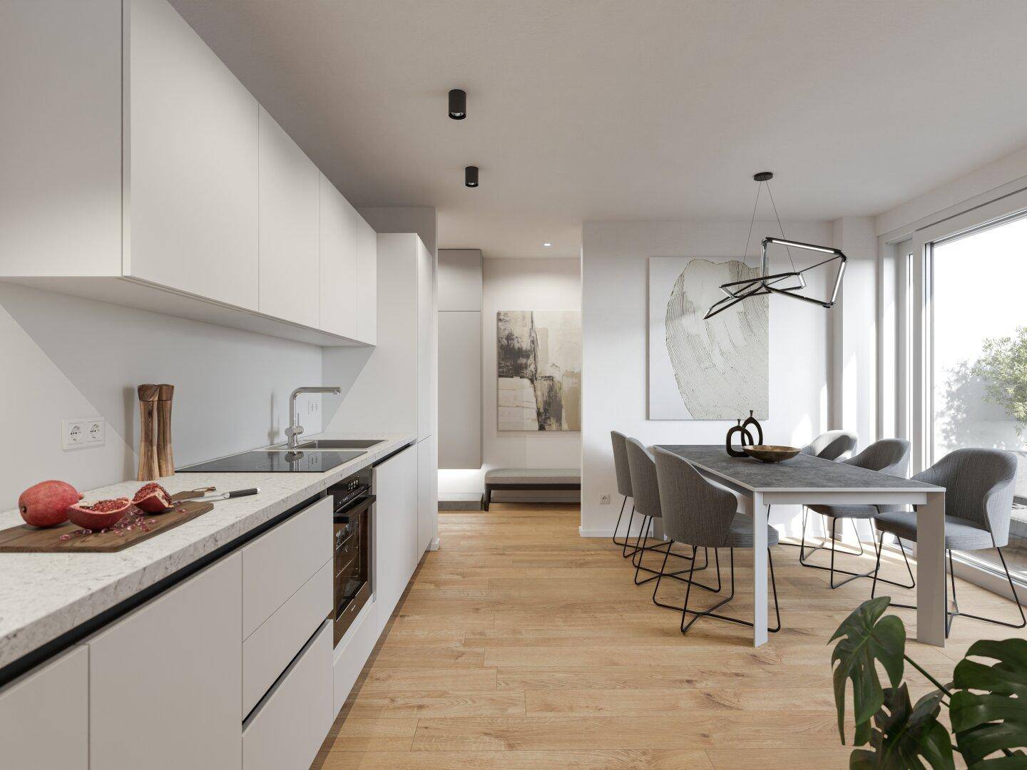 Offener Wohn-Essbereich mit moderner weißer Küche, Holzboden und Zugang zu einem Balkon.
